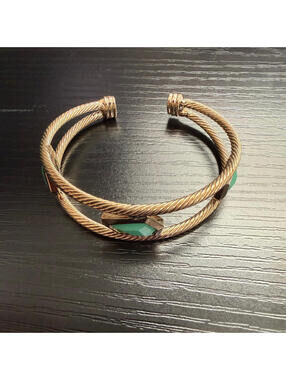 Gold Twisted Cable Cuff Bracelet with Green Stones